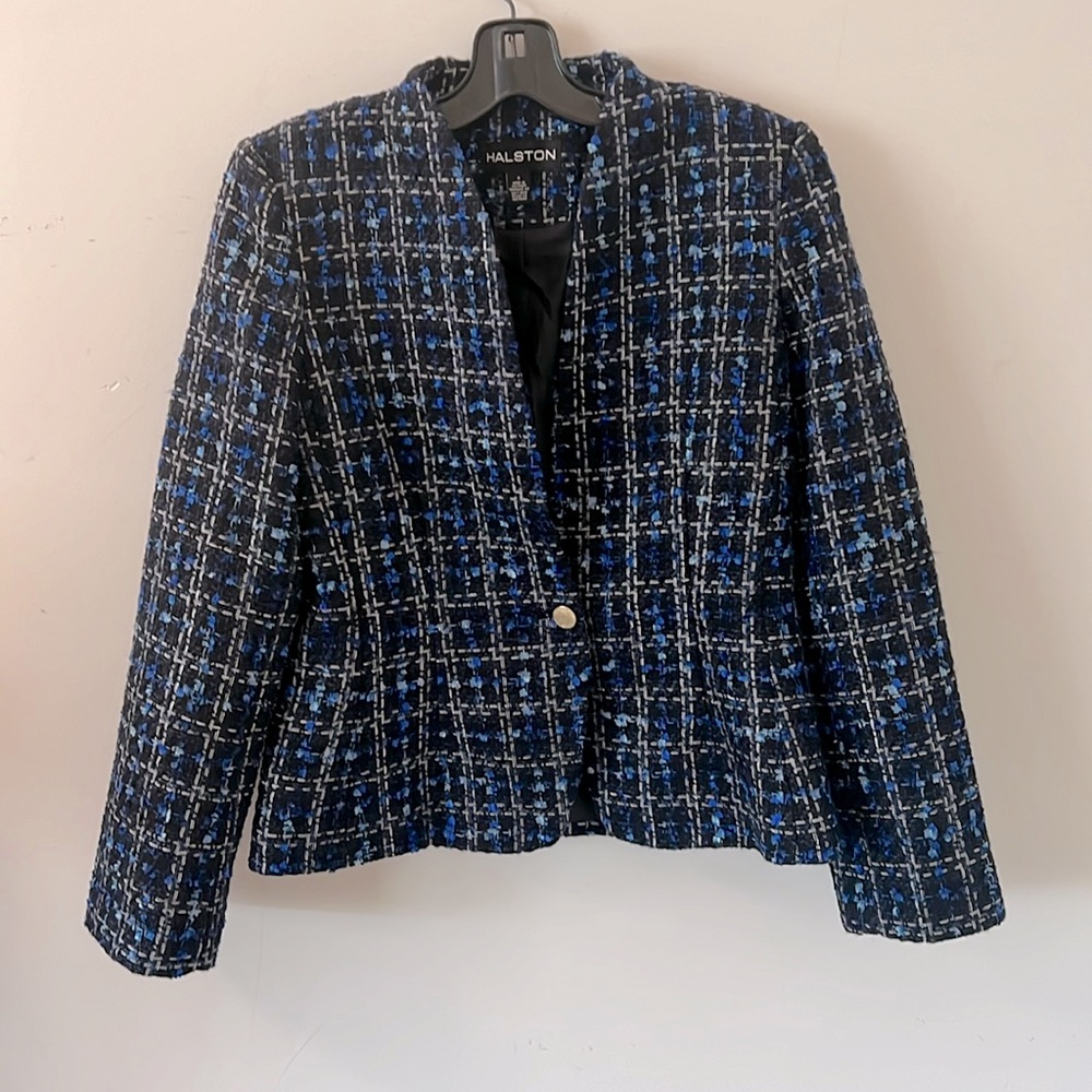 Halston blue and black tweed blazer size 8